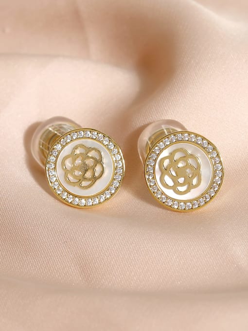 14k Gold(ear clip] Brass Cubic Zirconia Enamel Flower Vintage Clip Earring